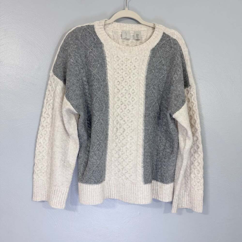 Joie Cable Knit Pullover Sweater Size M Gray White Crewneck